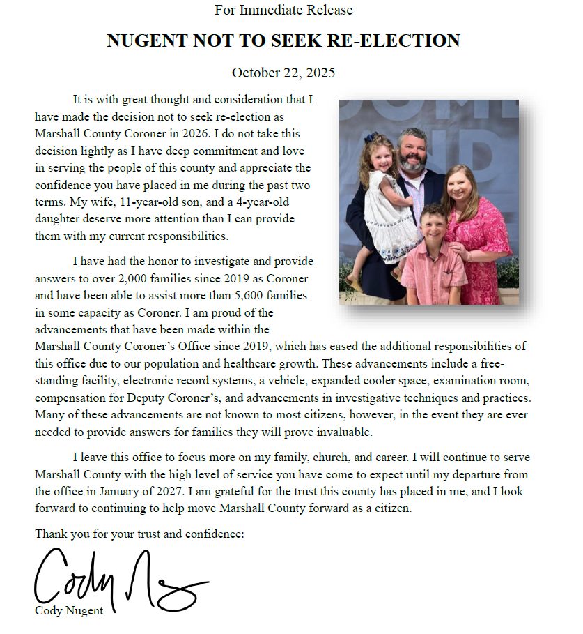 Marshall County Coroner Cody Nugent Announces He Will Not Seek Re-Election
