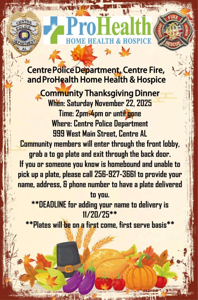 Centre Police, Fire, and ProHealth to Host Community Thanksgiving Dinner