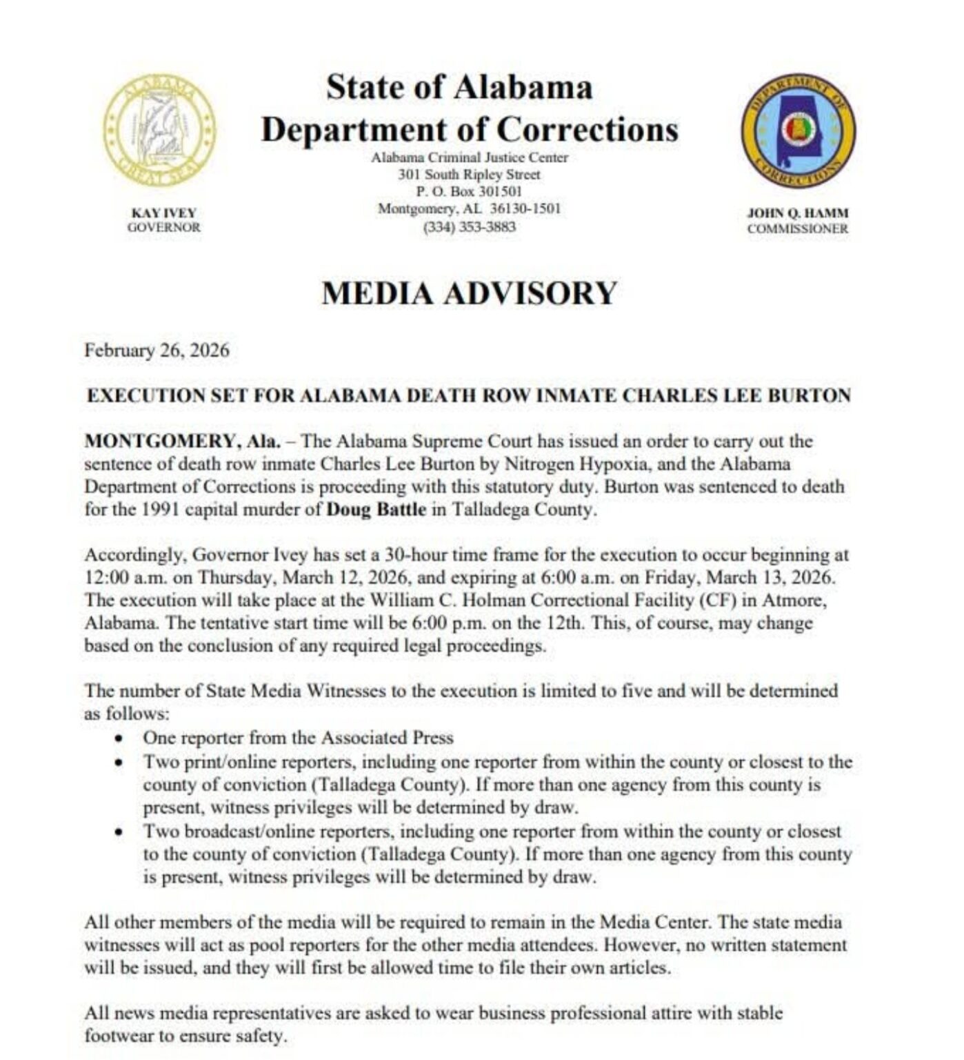 Alabama Sets March Execution Date for Charles Lee Burton - WEIS | Local ...