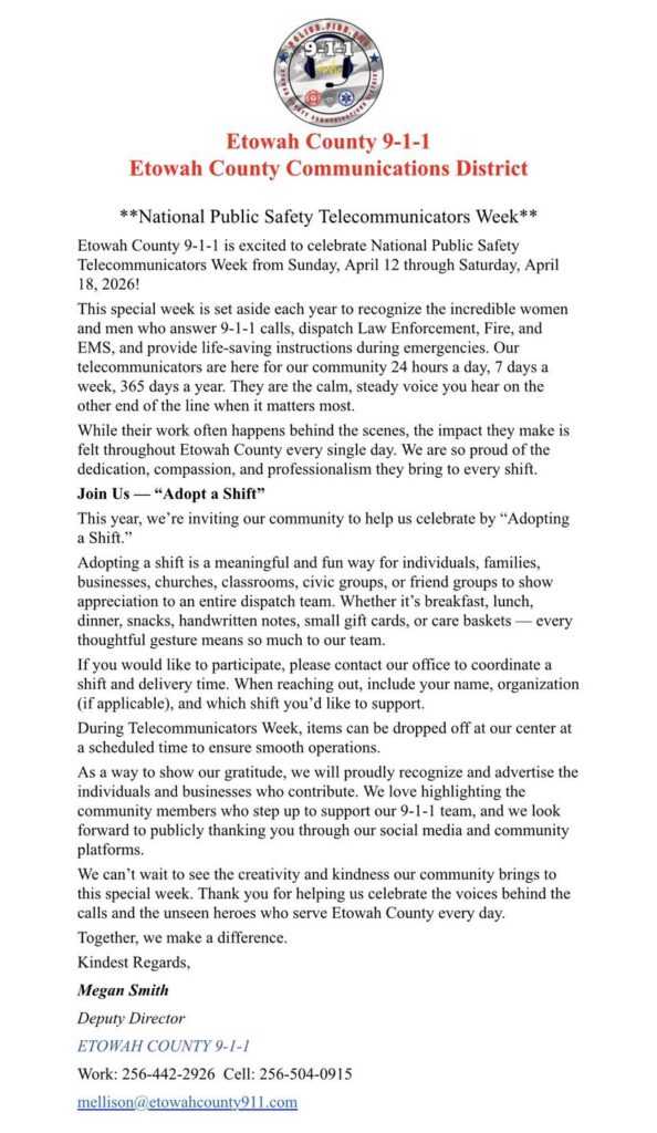 Etowah County 9-1-1 Invites Community to “Adopt a Shift” for Telecommunicators Week