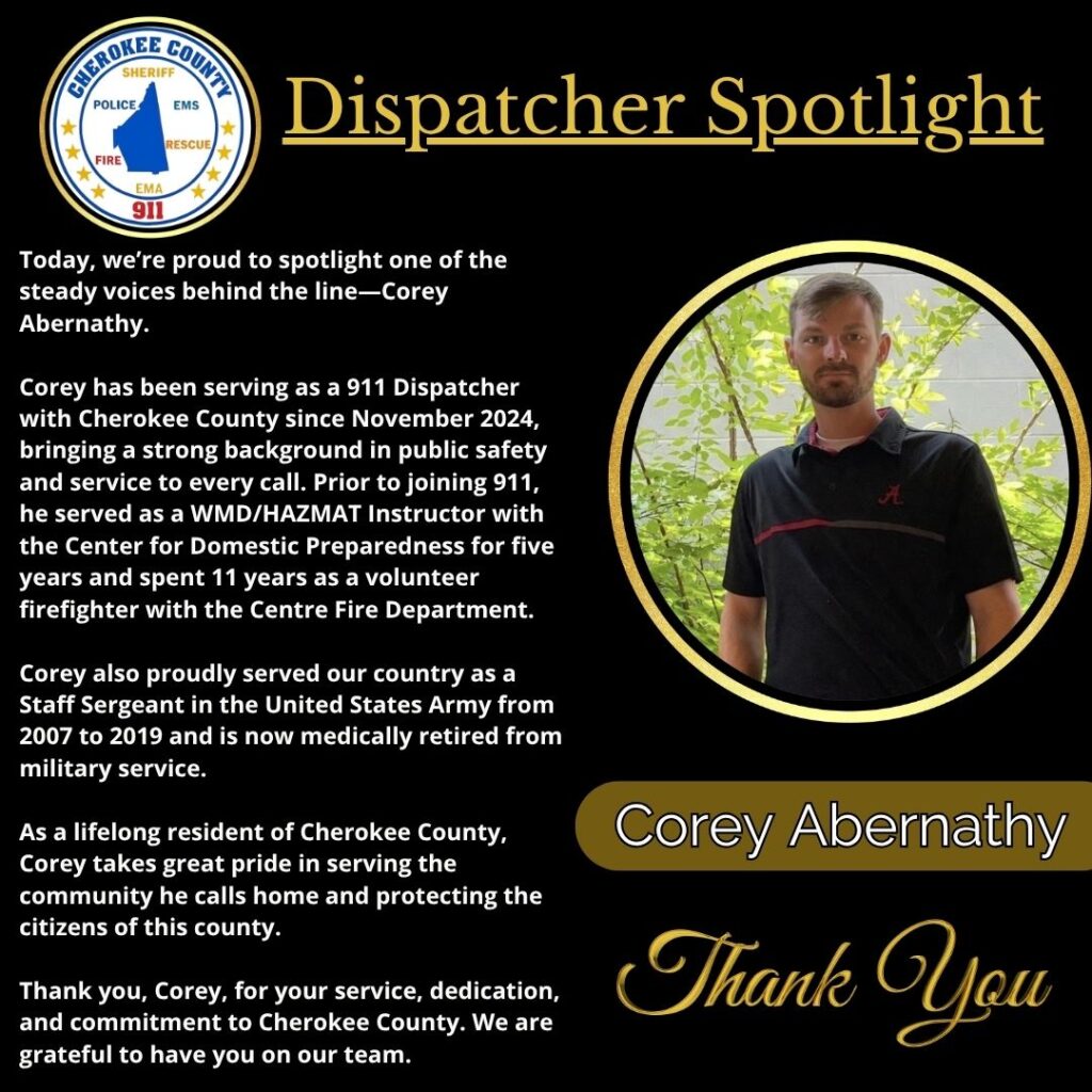 Corey Abernathy Honored by Cherokee County During National Public Safety Telecommunicators Week