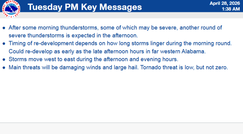National Weather Service: Multiple Rounds of Severe Weather Expected Across Alabama Through Wednesday