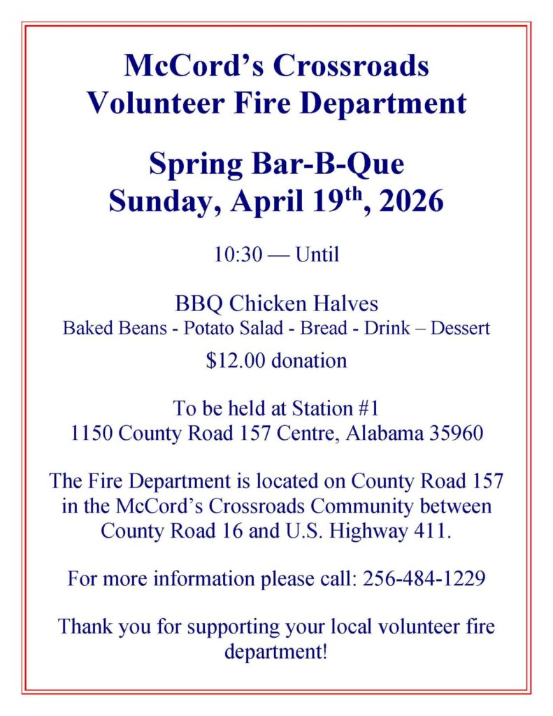McCord’s Crossroads Volunteer Fire Department to Host Spring Bar-B-Que April 19