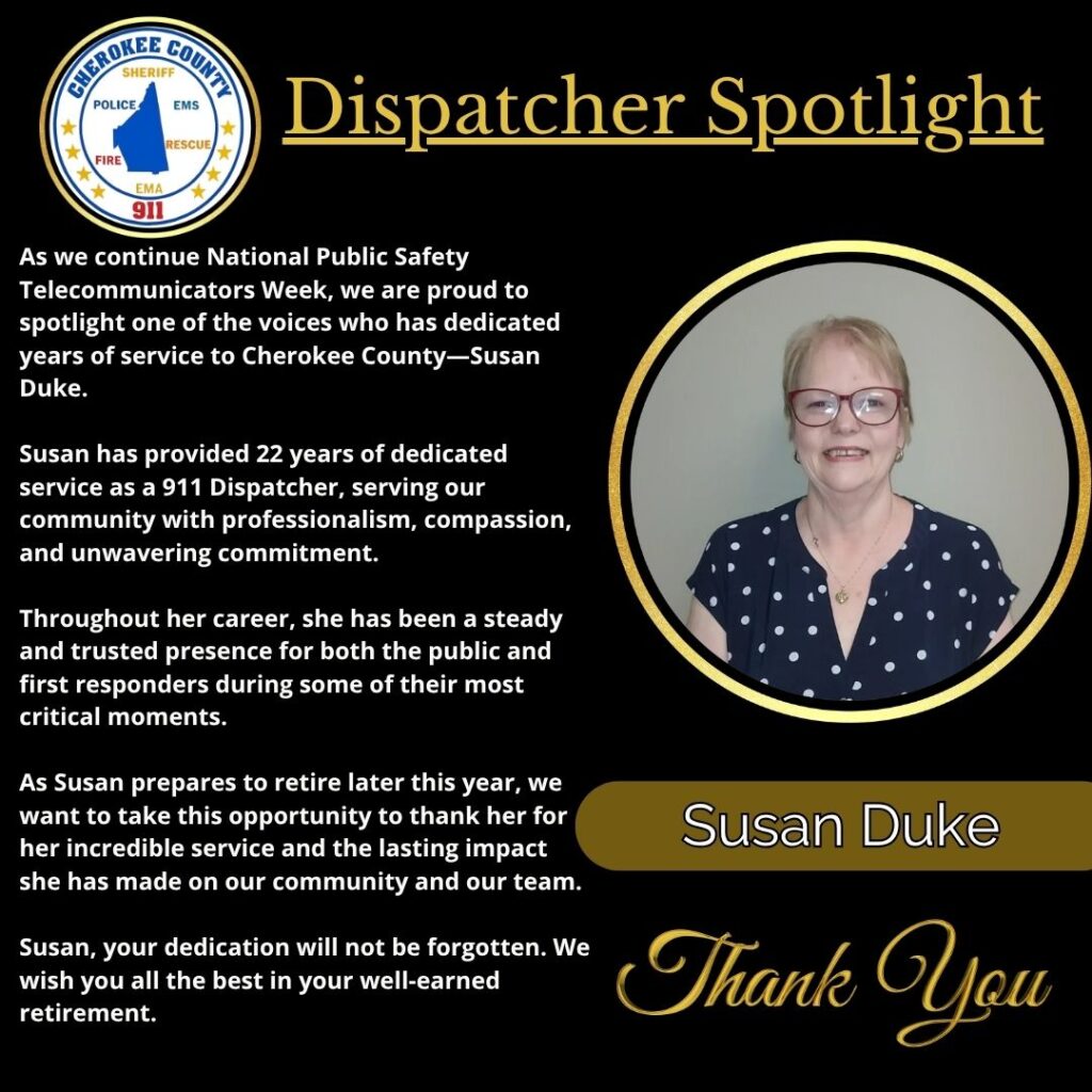 Susan Duke Honored for 22 Years of Service as Cherokee County 911 Dispatcher During National Public Safety Telecommunicators Week