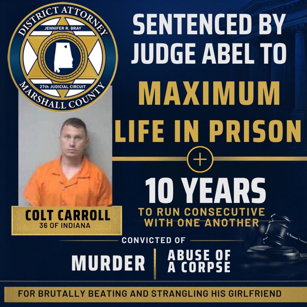 Marshall County Man Sentenced to Life Plus 10 Years in Murder and Abuse of Corpse Case