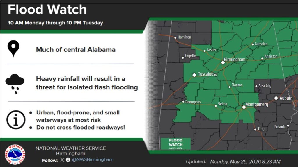 National Weather Service Issues Flood Watch, Severe Storm Risk for Central Alabama