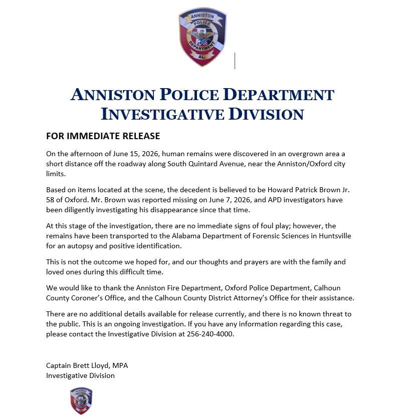 Human Remains Found Near Anniston-Oxford City Limits; Missing Oxford Man Believed Identified
