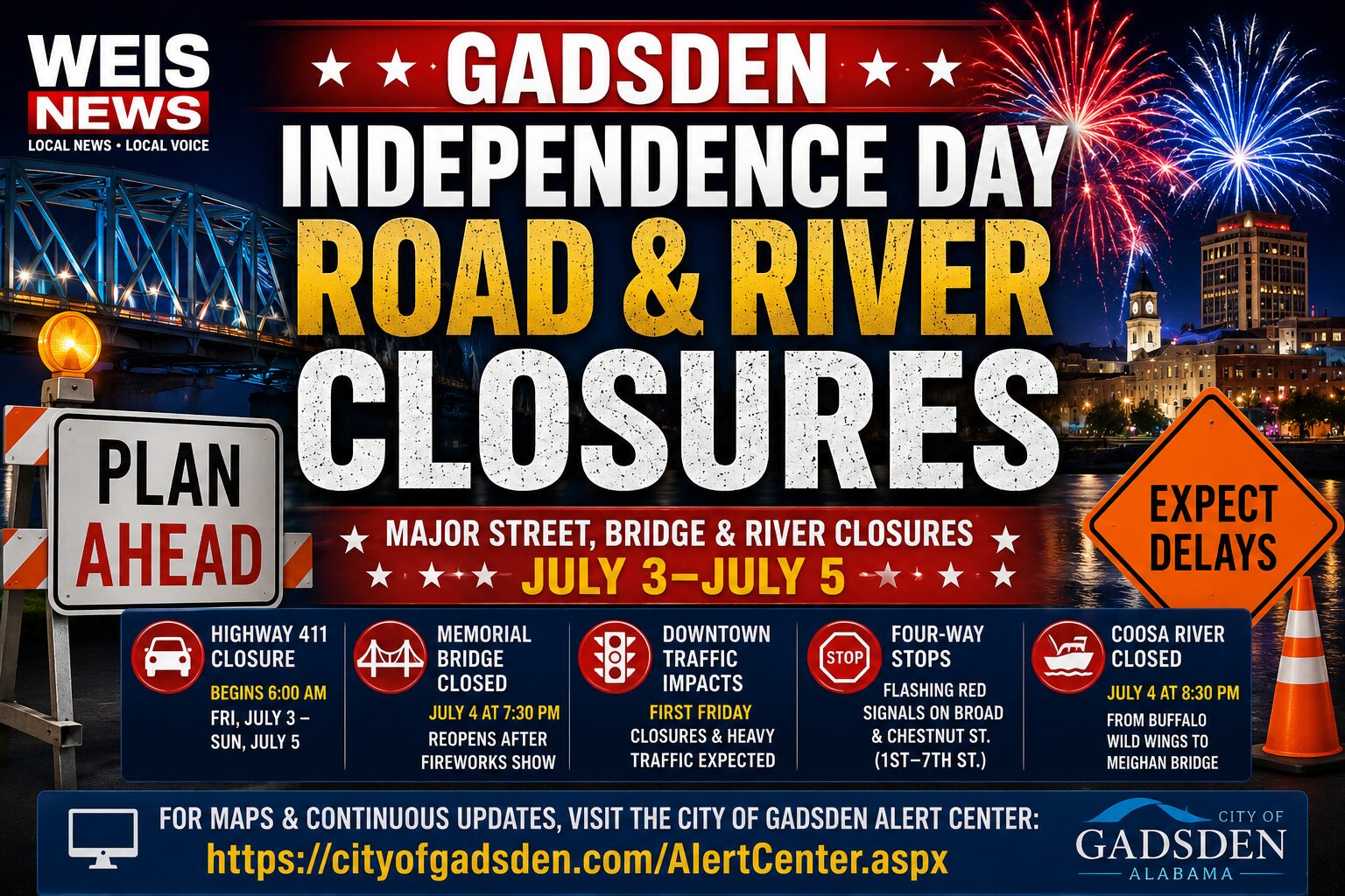 Gadsden Announces Road and River Closures for Independence Day Celebrations
