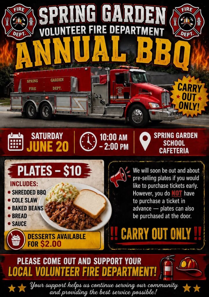Spring Garden Volunteer Fire Department to Host Annual BBQ Fundraiser June 20