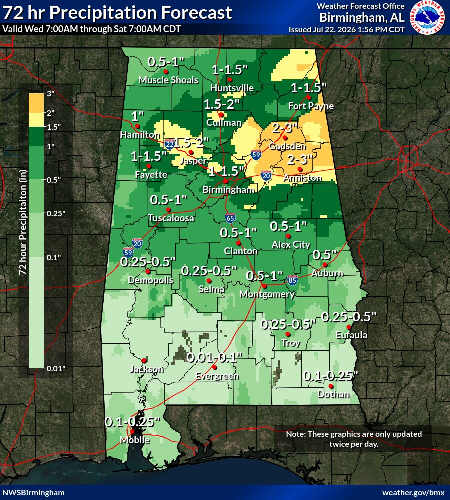 Flood Watch information for Cherokee, Etowah, and Blount counties. Excessive rainfall could cause flooding along rivers, creeks, streams, low-lying areas, and other flood-prone locations.