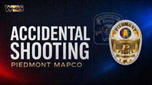 WEIS news graphic for the Piedmont MAPCO accidental shooting featuring official Piedmont Police Department branding.
