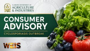 Alabama cyclosporiasis consumer advisory featuring fresh produce and food-safety guidance.