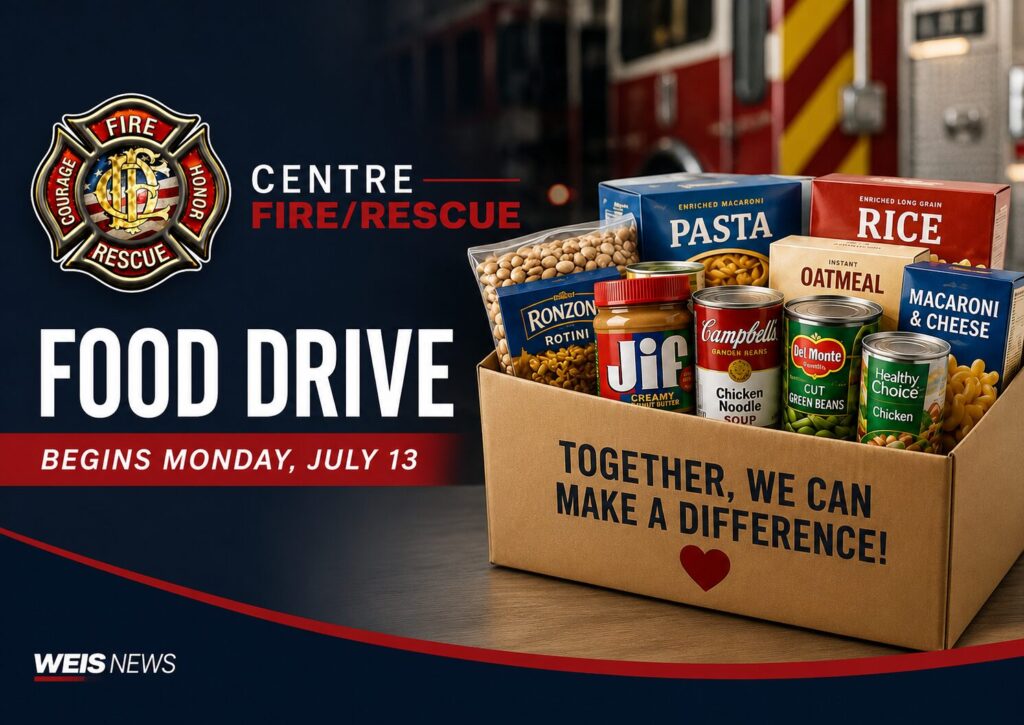 Centre Fire/Rescue food drive announcement for non-perishable food donations in Centre