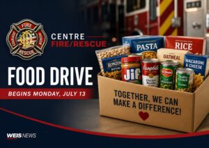 Centre Fire/Rescue food drive announcement for non-perishable food donations in Centre