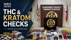 Cherokee County Sheriff’s Office display of products seized during THC and kratom compliance checks.
