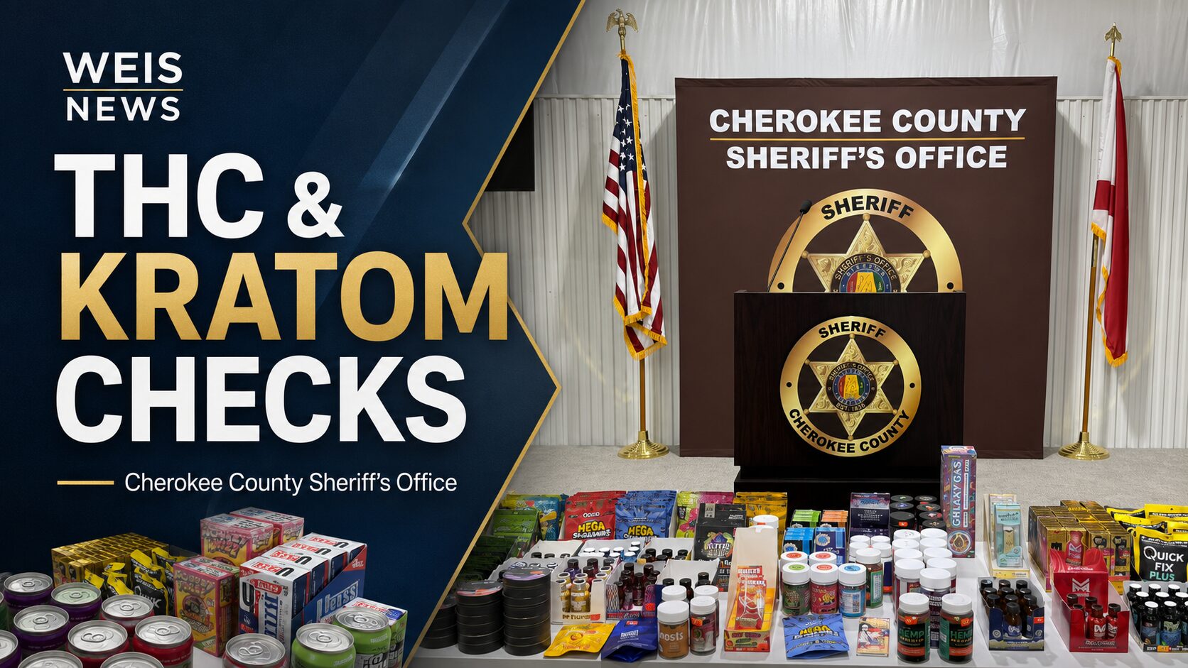 Cherokee County Sheriff’s Office display of products seized during THC and kratom compliance checks.