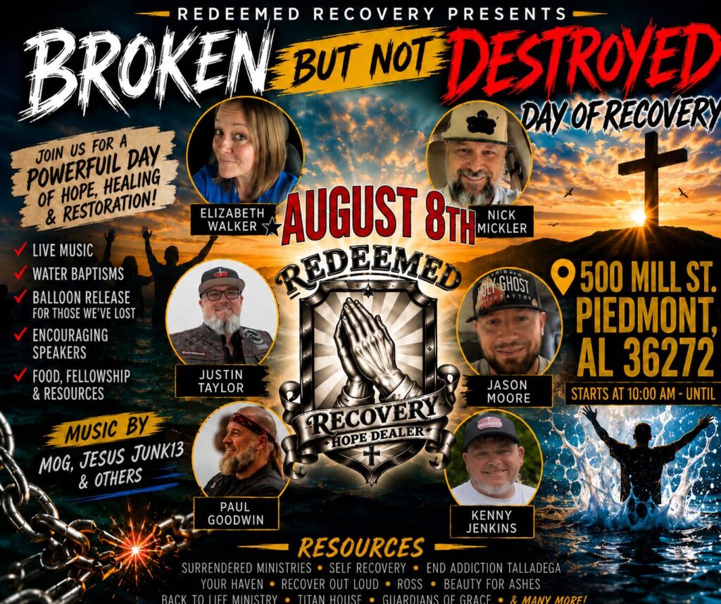 Broken But Not Destroyed Day of Recovery event graphic for the August 8 gathering in Piedmont.