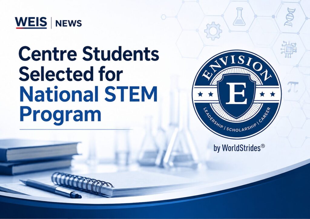 WEIS News graphic featuring the Envision by WorldStrides logo for Centre Middle School students selected for the NYLF Explore STEM program.