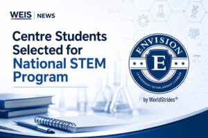 WEIS News graphic featuring the Envision by WorldStrides logo for Centre Middle School students selected for the NYLF Explore STEM program.