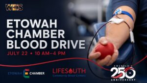 Donor participating in the Etowah Chamber Blood Drive with LifeSouth and America 250 branding