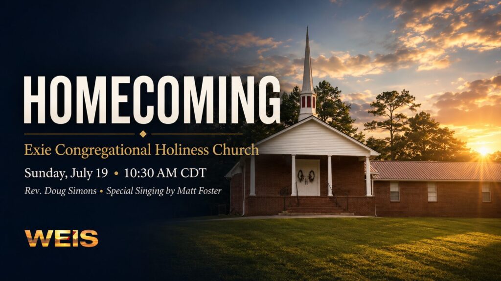 Exie Congregational Holiness Church homecoming header featuring the Piedmont church and July 19 service information.