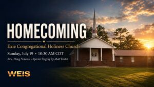 Exie Congregational Holiness Church homecoming header featuring the Piedmont church and July 19 service information.