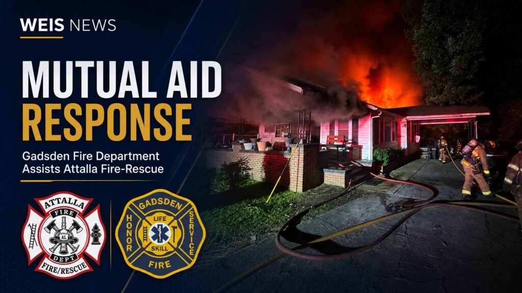 Gadsden Fire assists Attalla Fire-Rescue during a mutual aid response to a structure fire.