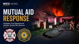 Gadsden Fire assists Attalla Fire-Rescue during a mutual aid response to a structure fire.