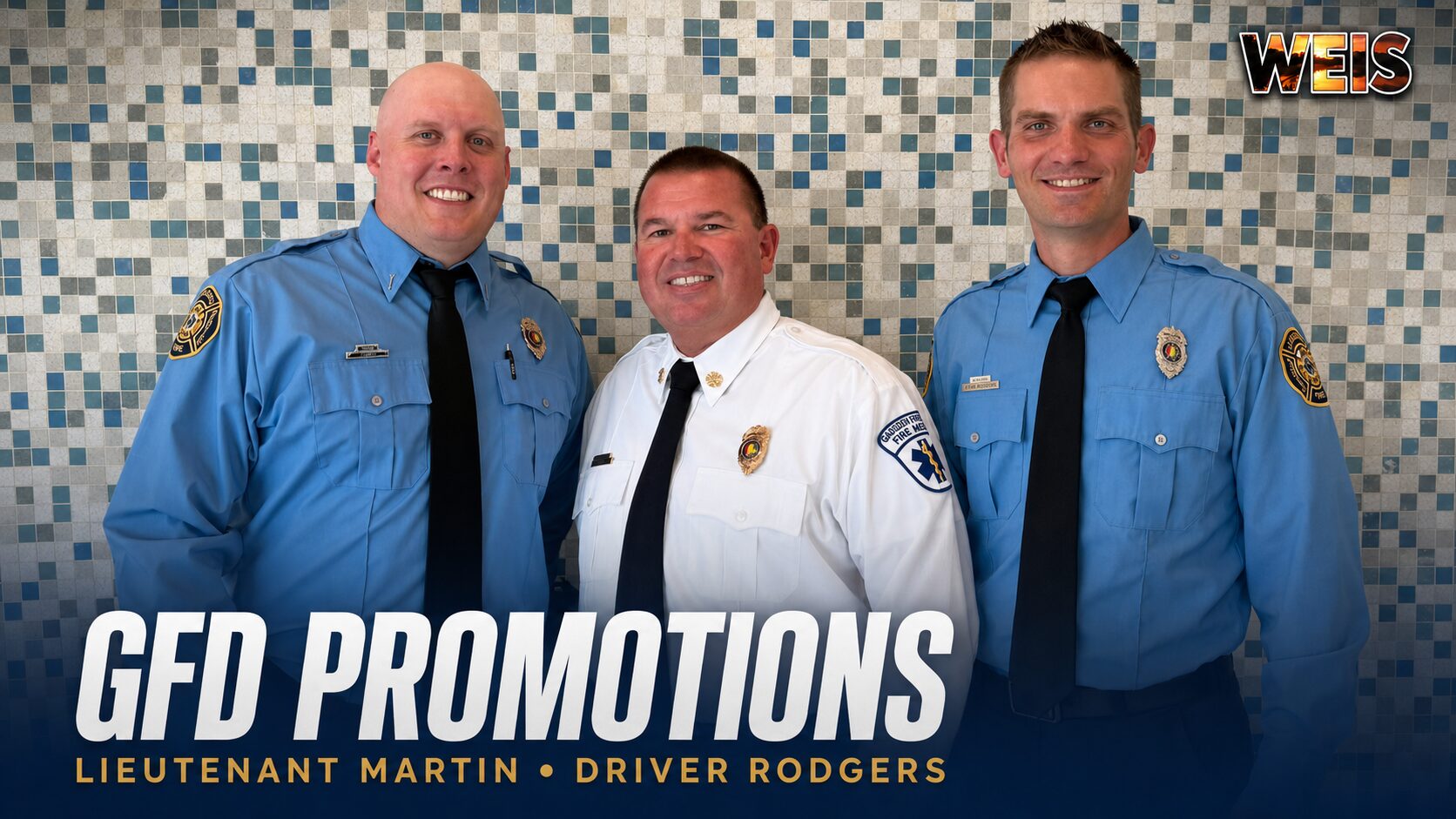 Lieutenant Tyson Martin and Driver Ryan Rodgers with Gadsden Fire Chief Vance Brown following their promotions