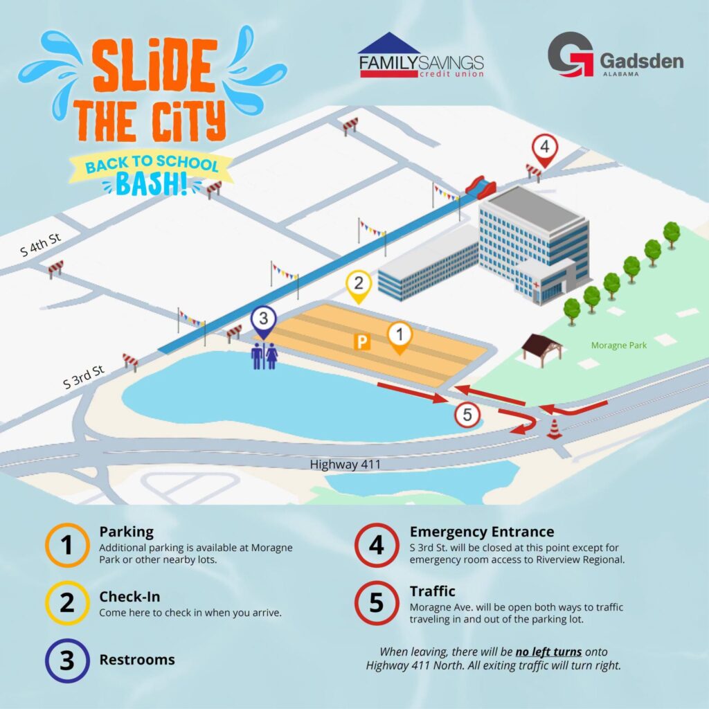 Gadsden Slide the City traffic and parking information for the July 25-26 Back-to-School Bash