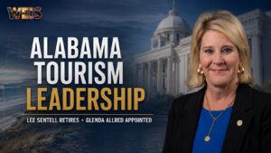 Lee Sentell retirement and Glenda Allred appointment graphic featuring Allred with Alabama tourism and state government imagery.