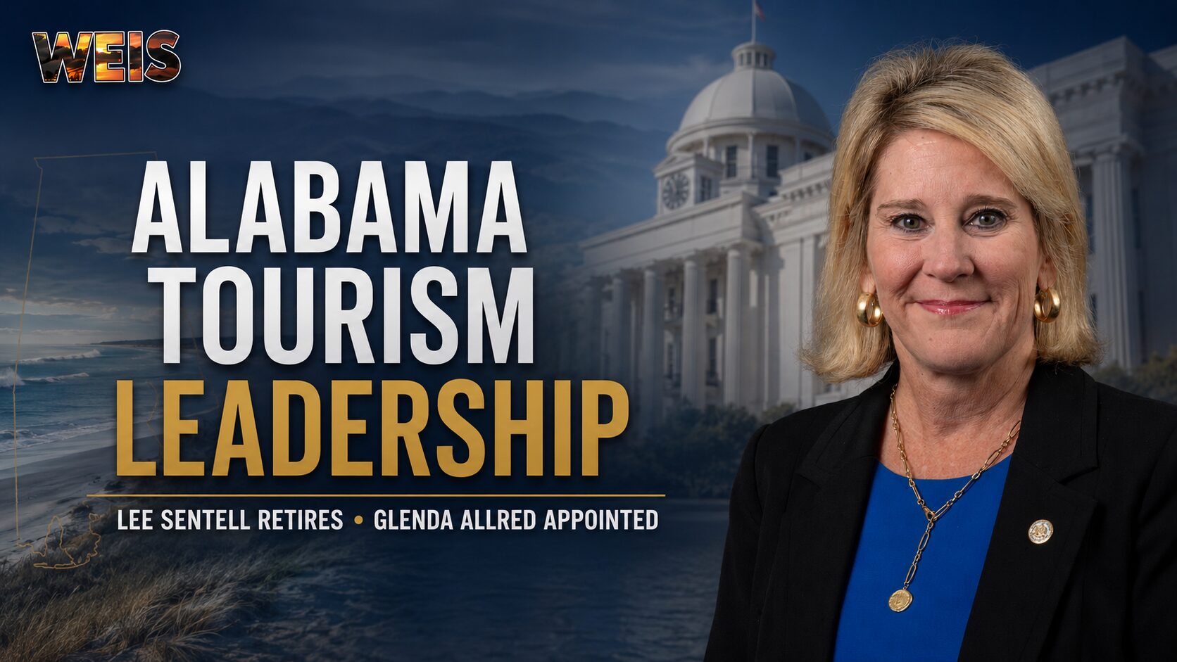 Lee Sentell retirement and Glenda Allred appointment graphic featuring Allred with Alabama tourism and state government imagery.