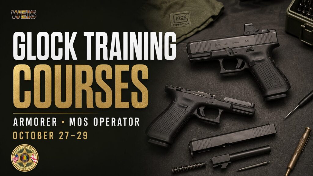 WEIS newsroom graphic promoting Glock training courses at the Cherokee County Sheriff’s Office Training Center in Leesburg.