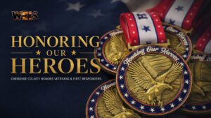 Gold eagle medallions with patriotic red, white, and blue ribbons represent the recognition presented to veterans and first responders during the Honoring Our Heroes Dinner and Awards Ceremony at Gadsden State Cherokee.