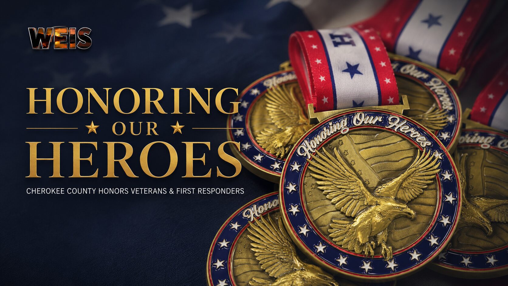 Gold eagle medallions with patriotic red, white, and blue ribbons represent the recognition presented to veterans and first responders during the Honoring Our Heroes Dinner and Awards Ceremony at Gadsden State Cherokee.