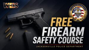 Free firearm safety course graphic featuring a handgun and the Jacksonville Police Department seal.
