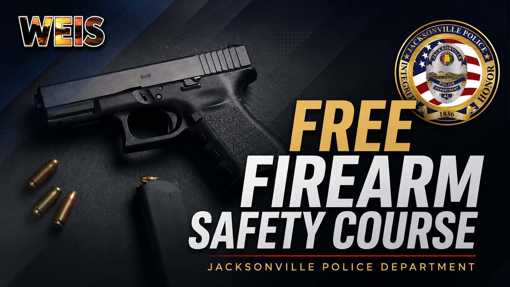 Free firearm safety course graphic featuring a handgun and the Jacksonville Police Department seal.