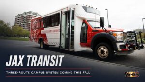 Jacksonville State Jax Transit bus featured in a WEIS News header for the university’s new three-route transportation system.