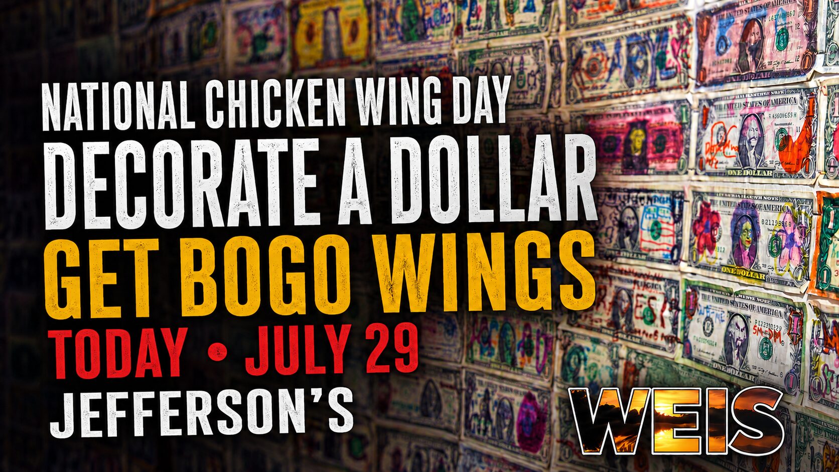 National Chicken Wing Day BOGO wings promotion at Jefferson’s restaurants in Cedar Bluff, Gadsden, and Rainbow City