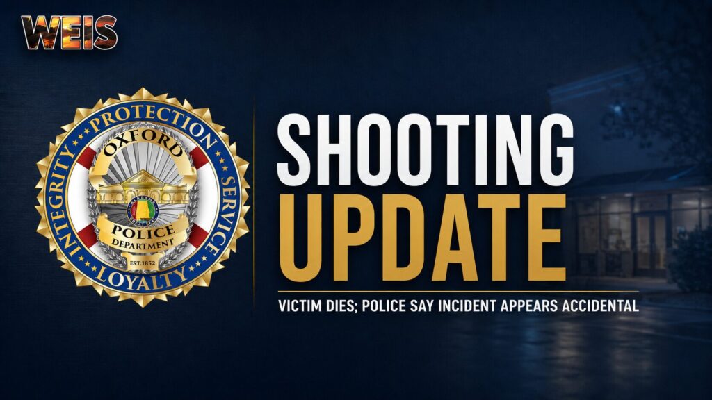 Oxford Exchange shooting update graphic featuring the Oxford Police Department badge and WEIS Radio branding.