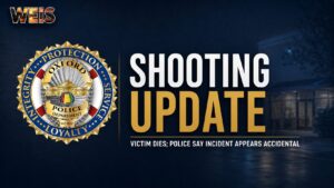 Oxford Exchange shooting update graphic featuring the Oxford Police Department badge and WEIS Radio branding.