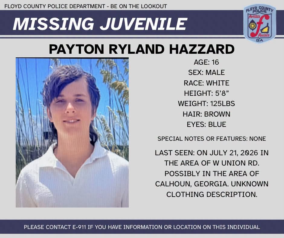 Photograph of missing 16-year-old Payton Ryland Hazzard with Floyd County Police contact information