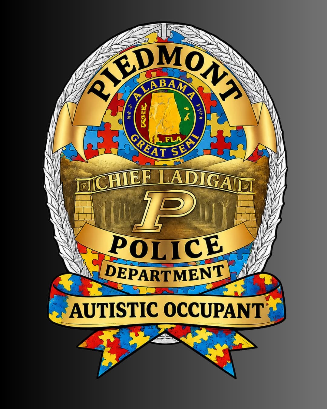 Piedmont Police Department Autistic Occupant vehicle window decal offered through the Autism Safety Initiative.