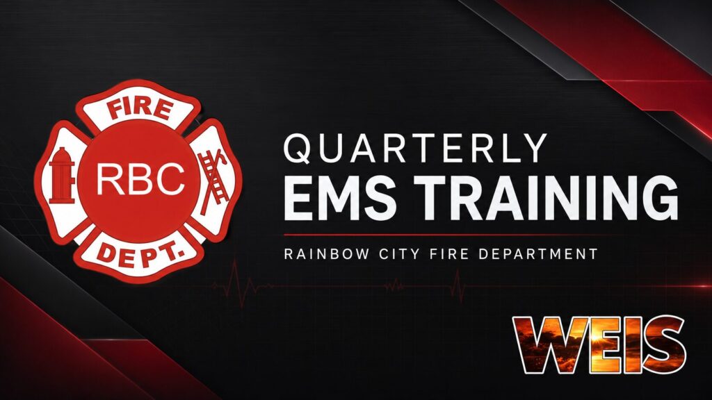 A WEIS news graphic for the Rainbow City Fire Department’s quarterly EMS training program, which covered cardiac care, updated treatment protocols and new ALS medications.