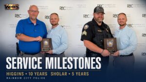 Detective Lieutenant Jason Higgins and Sergeant Chris Sholar receive Rainbow City Police service awards from Chief Camp Yancey