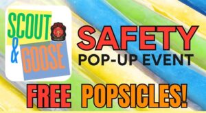 Scout & Goose Safety Pop-Up Event flyer promoting a free hot car safety event with complimentary popsicles in Rome, Georgia.