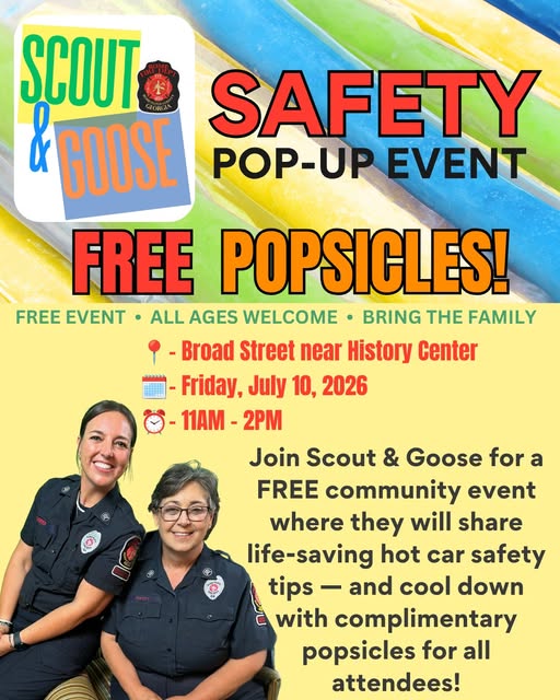 Scout & Goose Safety Pop-Up Event flyer promoting a free hot car safety event with complimentary popsicles in Rome, Georgia.