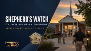 WEIS graphic for Shepherd’s Watch Church Security Training featuring a church and the DeKalb County Sheriff’s Office badge.