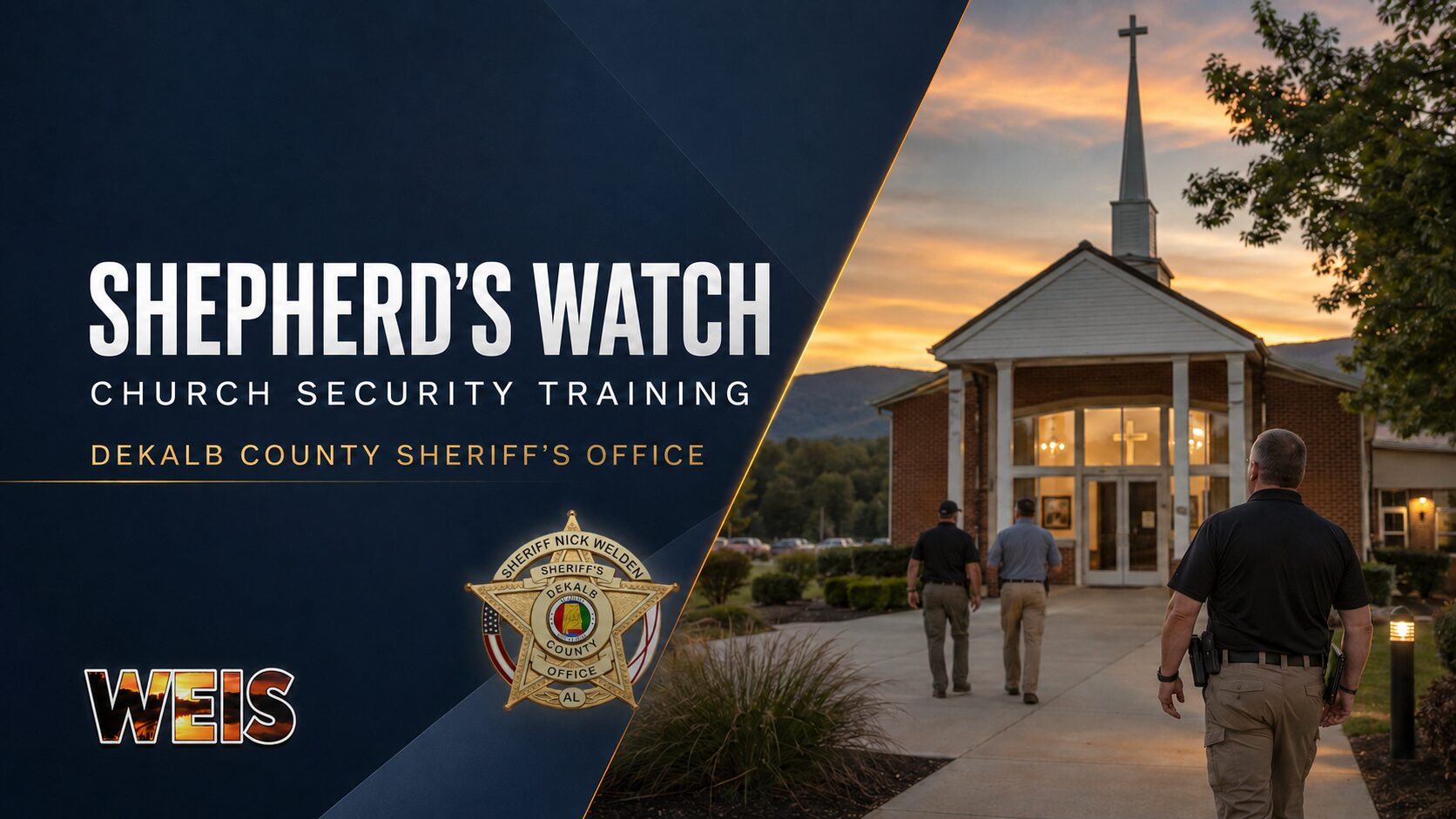 WEIS graphic for Shepherd’s Watch Church Security Training featuring a church and the DeKalb County Sheriff’s Office badge.