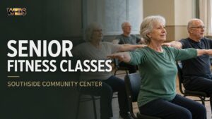 WEIS news graphic featuring older adults participating in Southside senior fitness classes at the Southside Community Center.